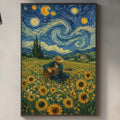 a kitchen counter with a framed painting of a field of sunflowers hanging above it. The painting depicts a person sitting in the field, surrounded by the vibrant yellow flowers. The kitchen counter also has various items such as a cutting board, a bottle, and a bowl.