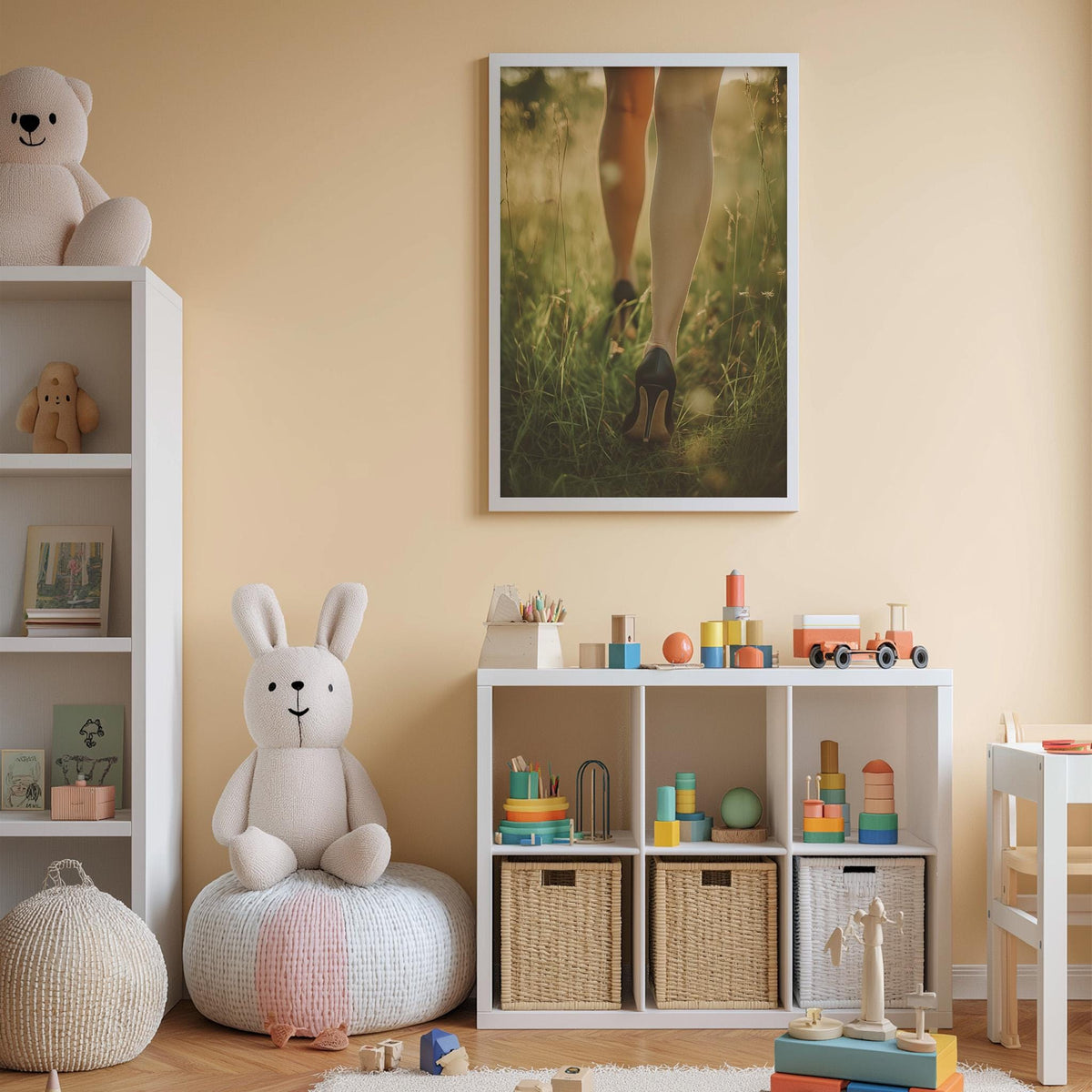 A cozy children's room with a white bookshelf, a plush rabbit, and a colorful toy box filled with toys. A framed picture of a woman's legs is displayed on the wall above the toy box.