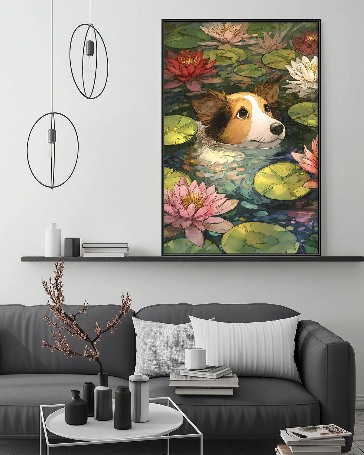 a cozy living room with a gray sofa, a coffee table, and a large framed painting of a dog swimming in a pond filled with colorful lily pads.