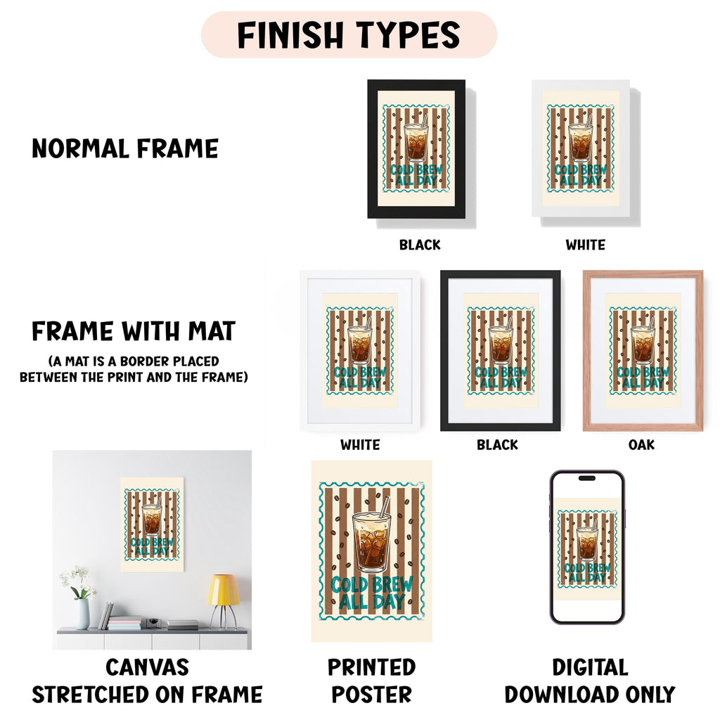 various framed artworks, including a poster, a canvas, and a digital poster, all featuring the same design. The artworks are presented in different frame colors and styles, such as a normal frame, a black frame, a white frame, and an oak frame. The artworks are labeled as "NORMAL FRAME", "FRAME WITH MAT (A MAT IS A BORDER PLACED BETWEEN THE PRINT AND THE FRAME)", "WHITE", "BLACK", and "OAK". The artworks are described as "CANVAS STRETCHED ON FRAME", "PRINTED POSTER", and "DIGITAL DOWNLOAD ONLY".