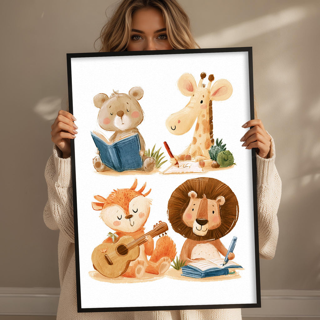 A woman is holding up a framed collage of four animal illustrations, including a bear, a giraffe, a lion, and a fox.