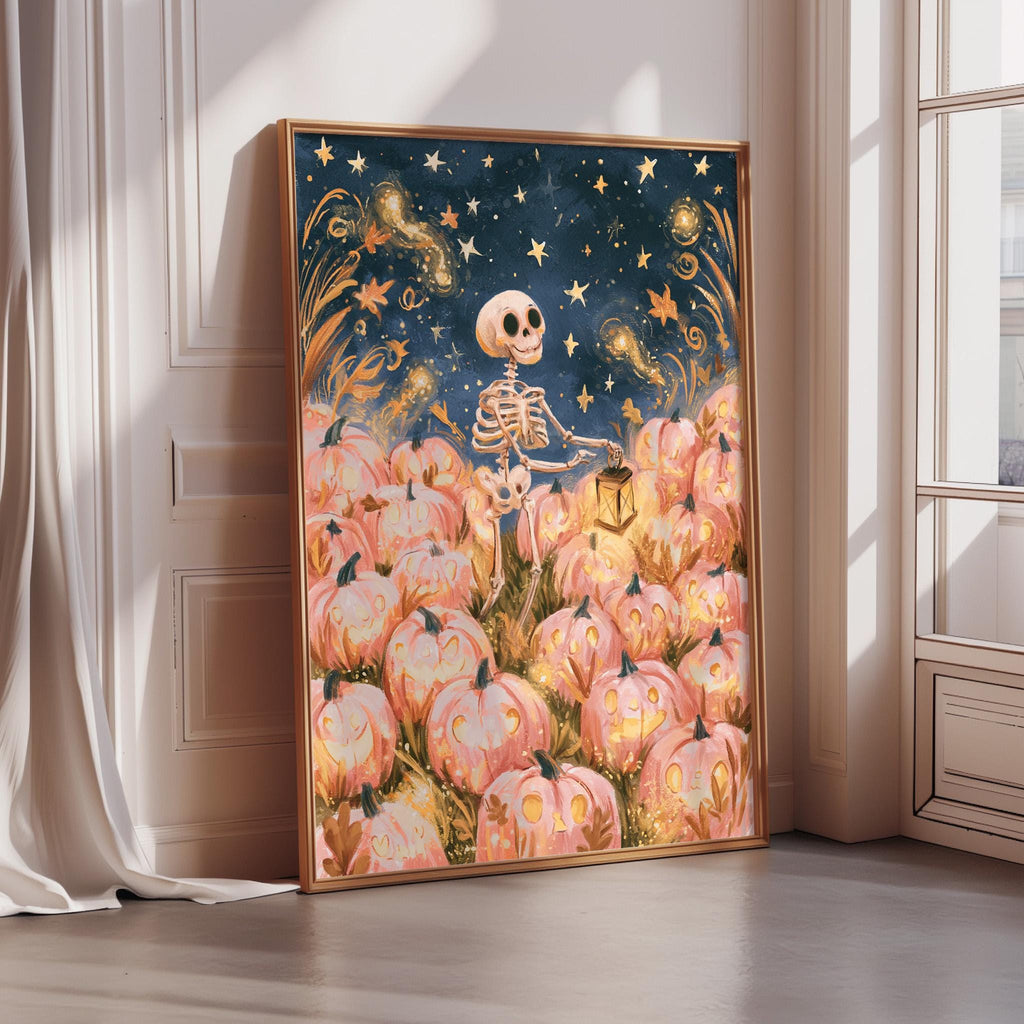 a large framed painting depicting a skeleton standing amidst a field of pumpkins, with a starry night sky in the background.