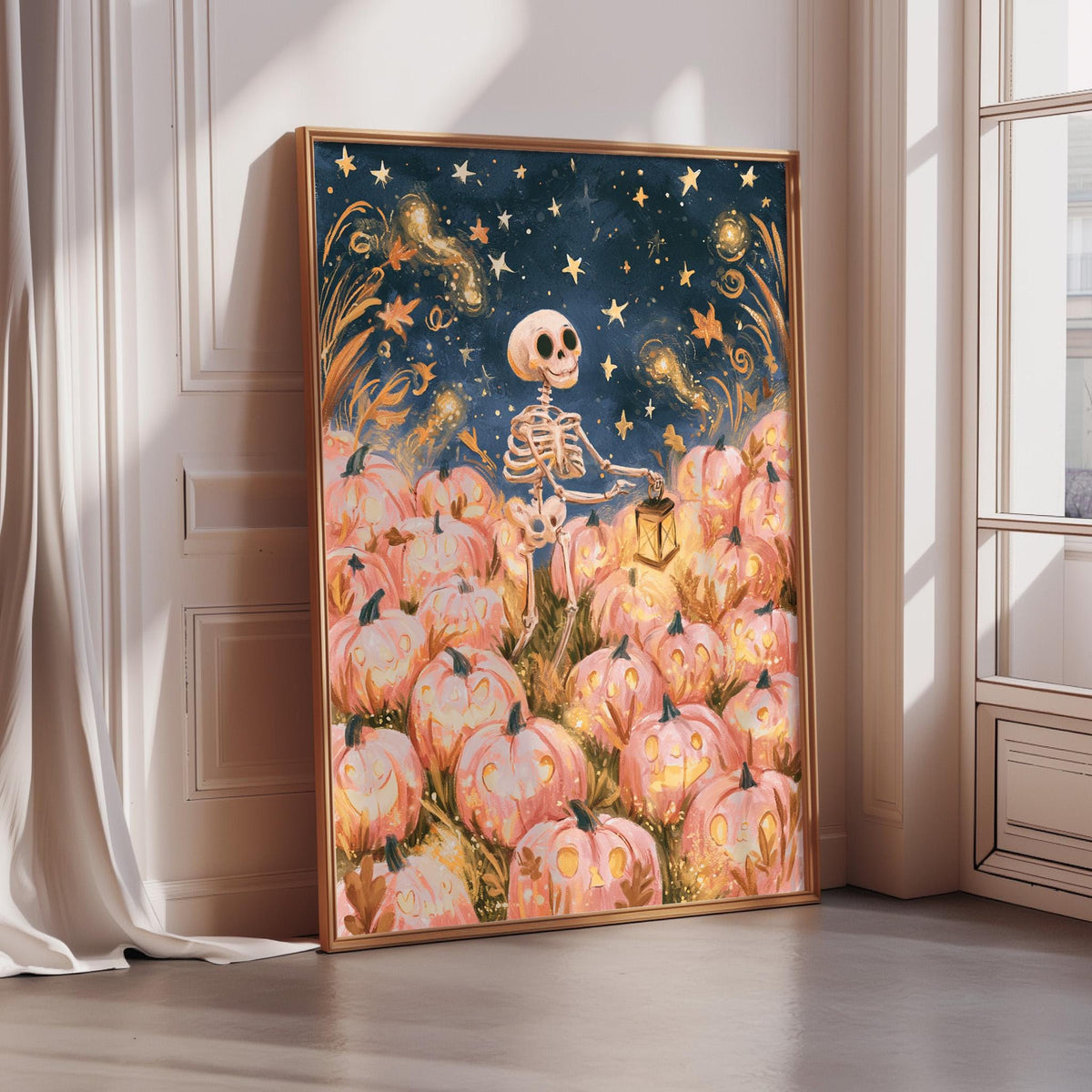 a large framed painting depicting a skeleton standing amidst a field of pumpkins, with a starry night sky in the background.