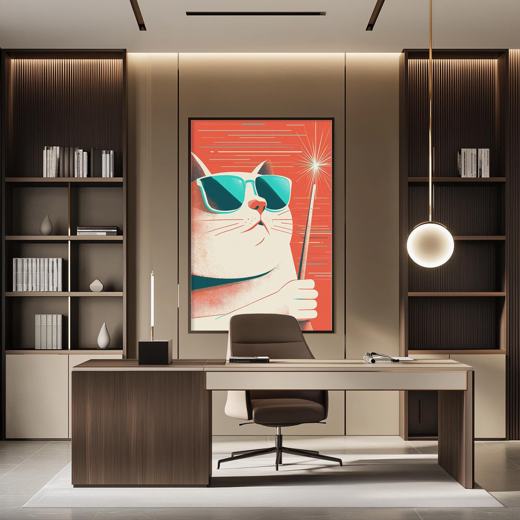 a modern office space with a large, colorful poster of a cat wearing sunglasses on the wall. The office has a wooden desk, a chair, and a bookshelf, creating a stylish and comfortable workspace.