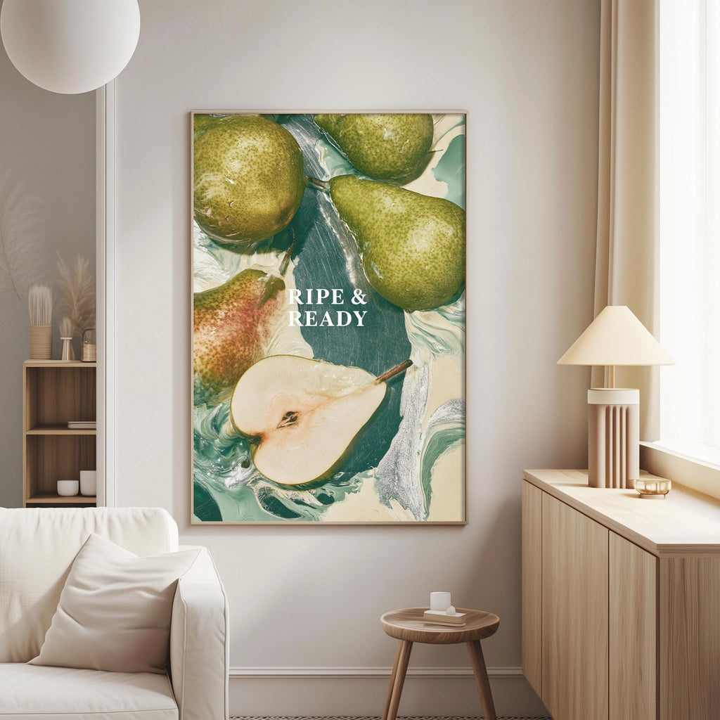 a large framed poster of pears hanging on a wall in a living room.