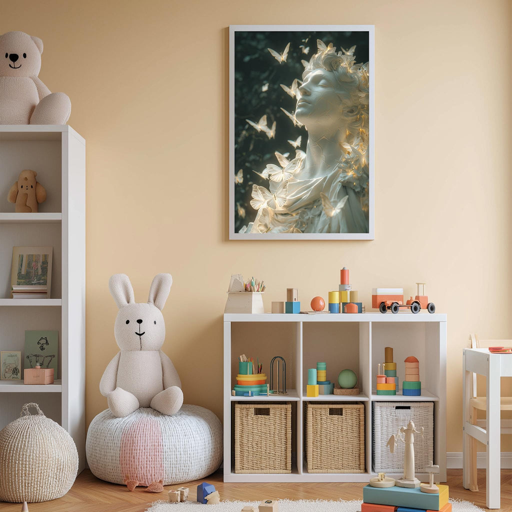A cozy children's room with a large stuffed bunny, a bookshelf, and a toy chest filled with toys. A framed artwork of a woman with butterflies adorns the wall above the toy chest.
