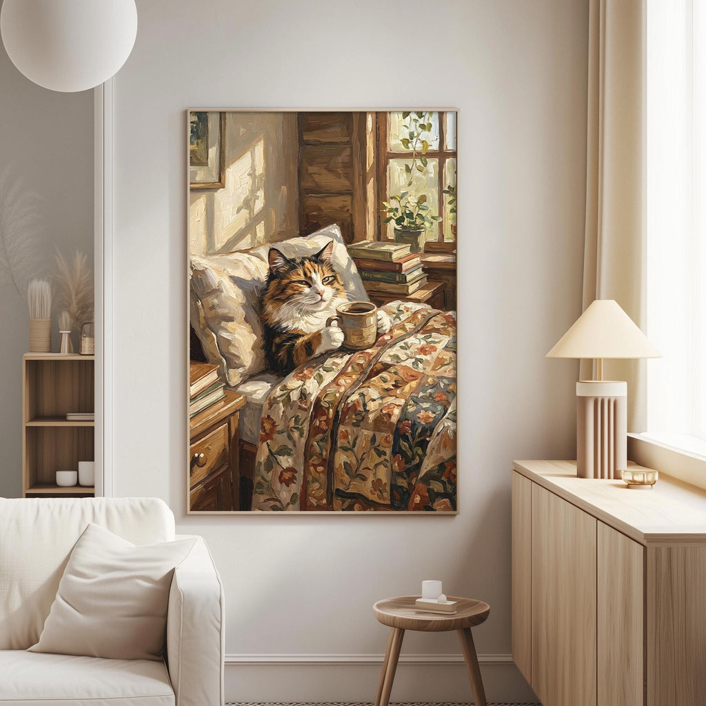 A cozy living room with a large painting of a cat resting on a bed, surrounded by books and a lamp.