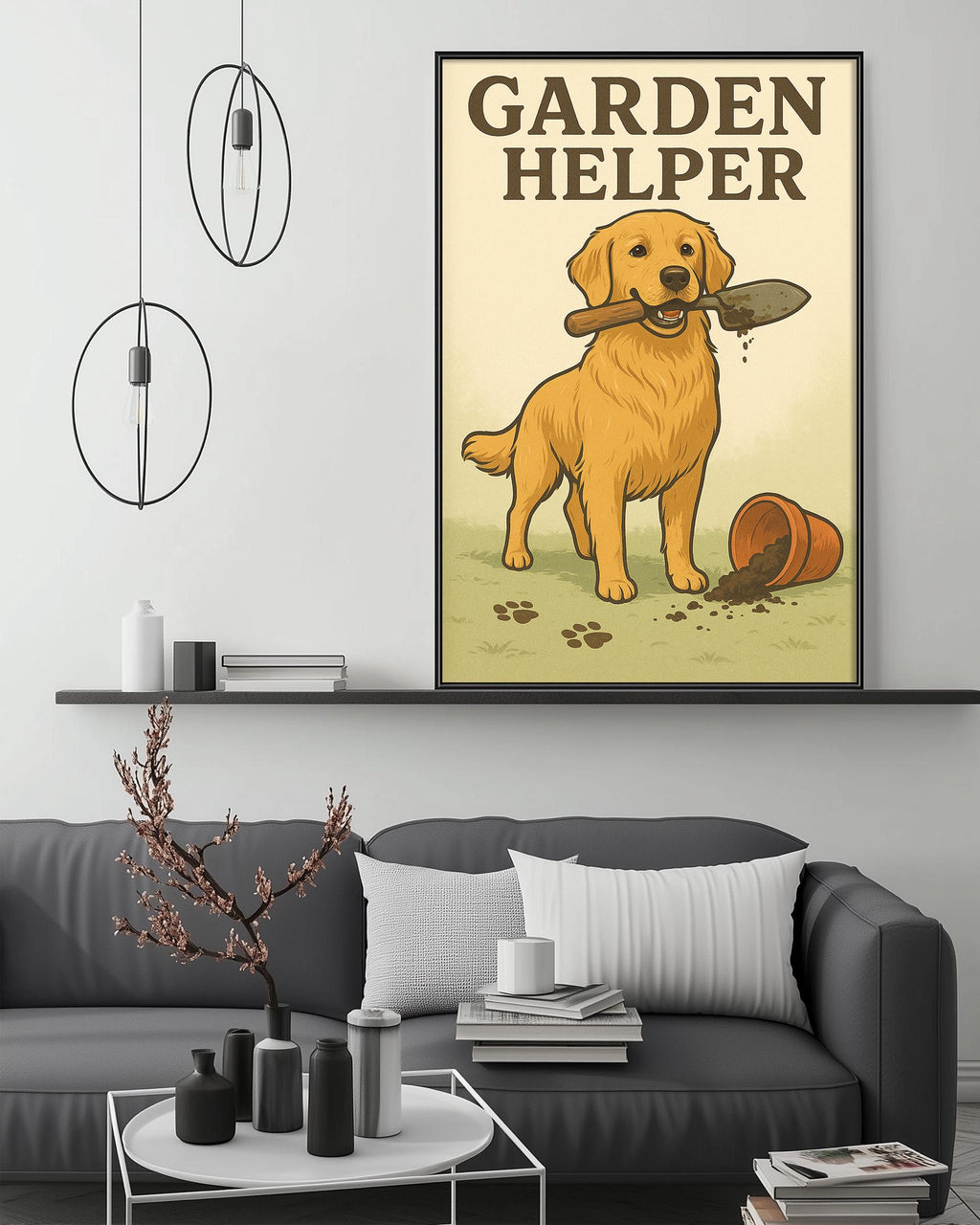 a large poster of a dog holding a shovel in its mouth, standing on a grassy field. The poster is hanging on a wall above a gray couch in a living room setting.