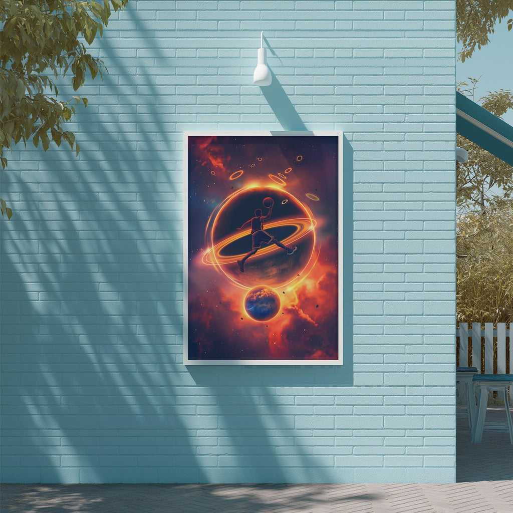 a large, colorful poster of a space scene hanging on a blue brick wall.