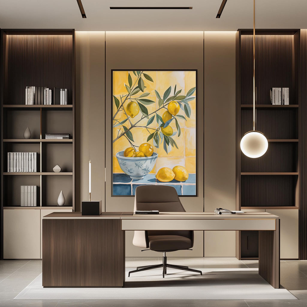 a modern office space with a large painting of lemons and a bowl of fruit on the wall. The office features a wooden desk, a comfortable chair, and a bookshelf filled with books. The overall design and decor create a warm and inviting atmosphere.