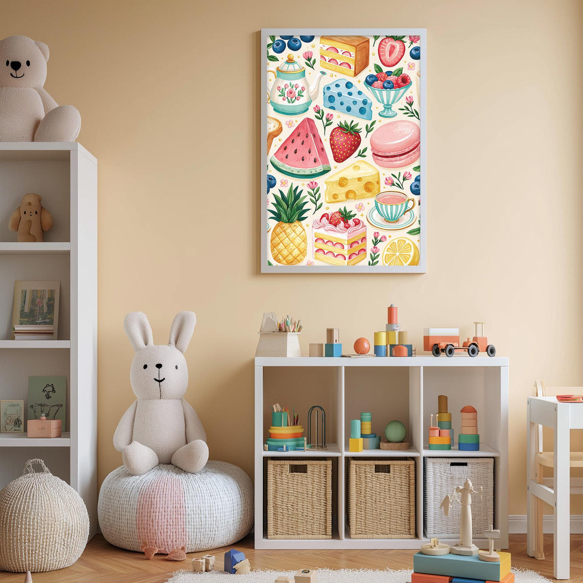 A child's bedroom with a white bookshelf, a stuffed rabbit, and a colorful poster featuring various desserts and fruits on the wall.