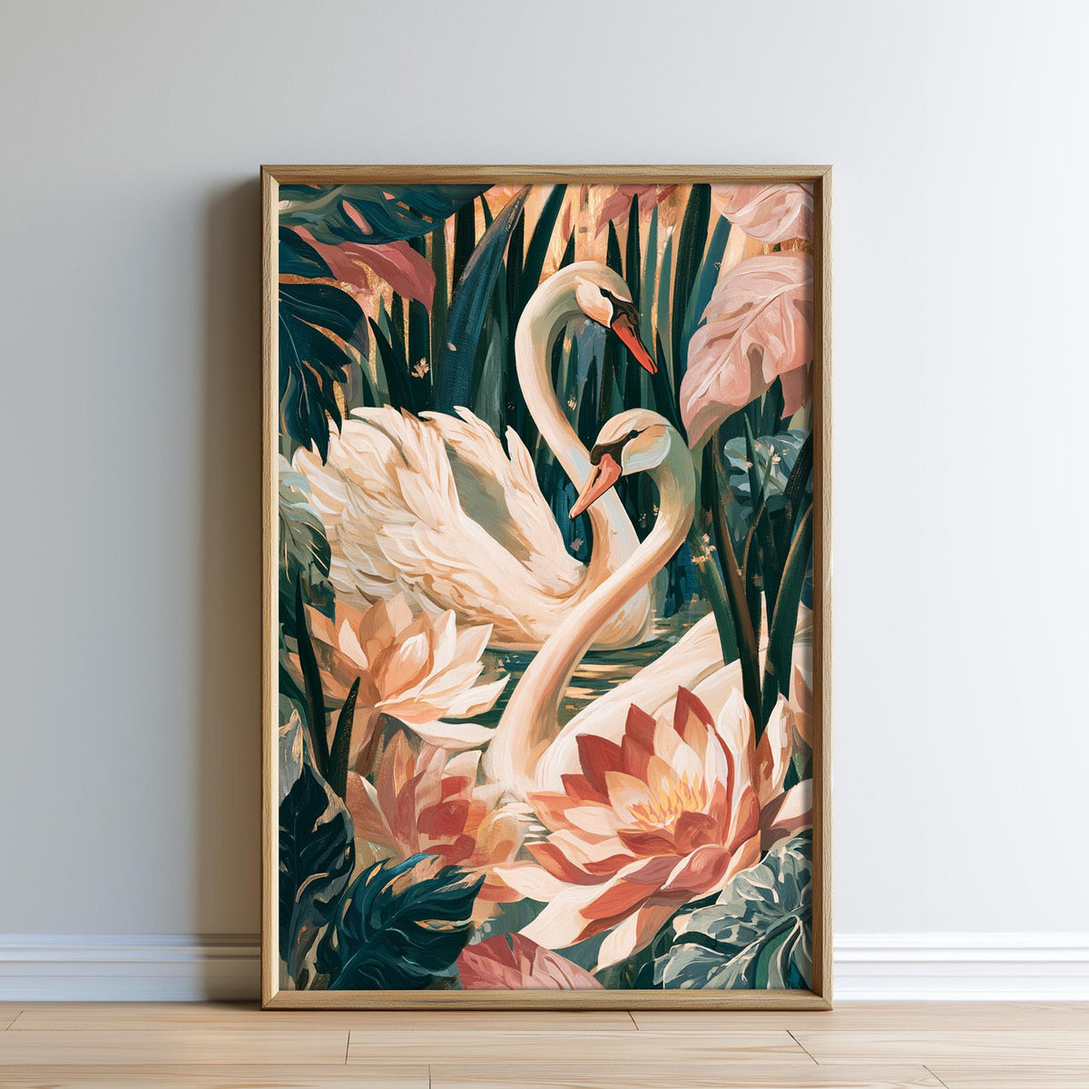 A framed painting depicting two swans surrounded by a lush, tropical garden with vibrant flowers and foliage.