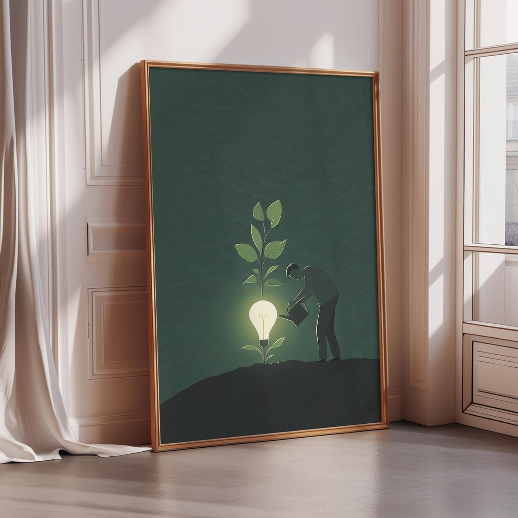 a man watering a plant with a light bulb growing from it, creating a unique and creative scene.