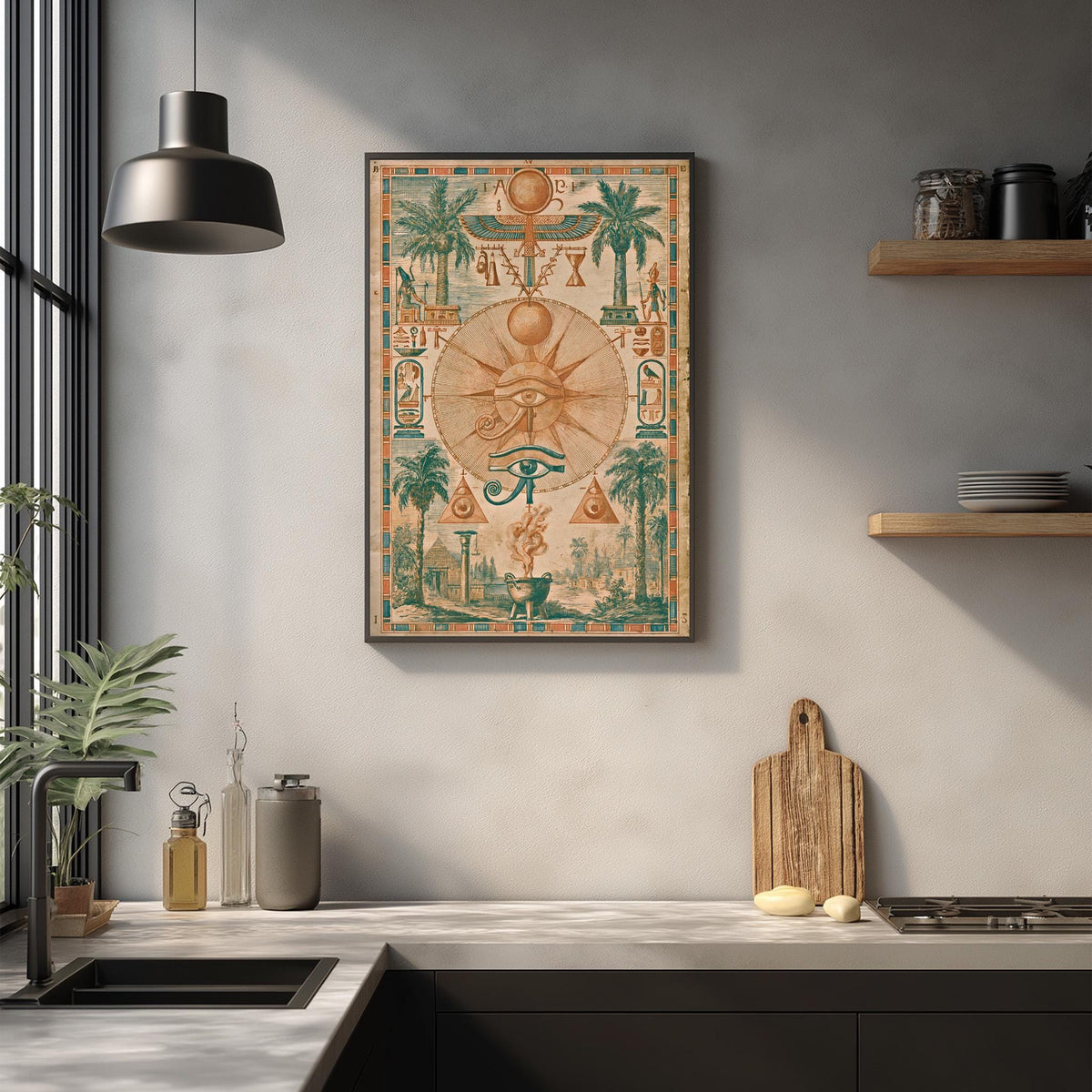 a kitchen counter with various items such as a cutting board, a sink, and a potted plant. Above the counter, there is a framed poster or artwork depicting an Egyptian-inspired scene with a sun, palm trees, and other Egyptian symbols.
