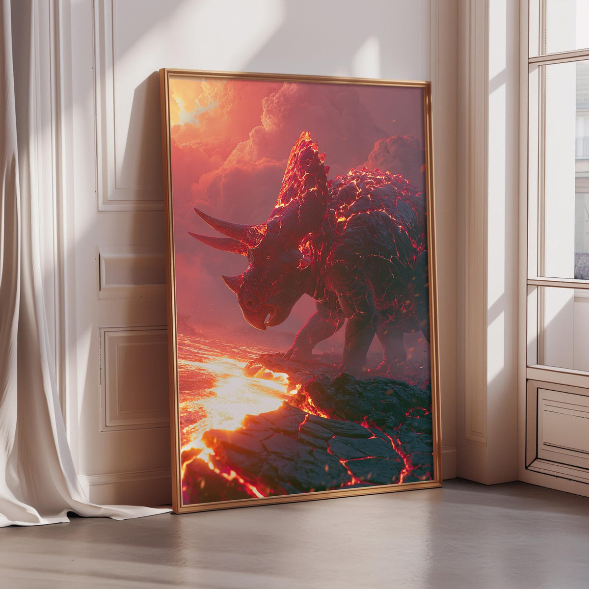 a large, framed painting depicting a fiery, dragon-like creature with horns and a fiery, red-orange body, set against a dramatic, fiery background.