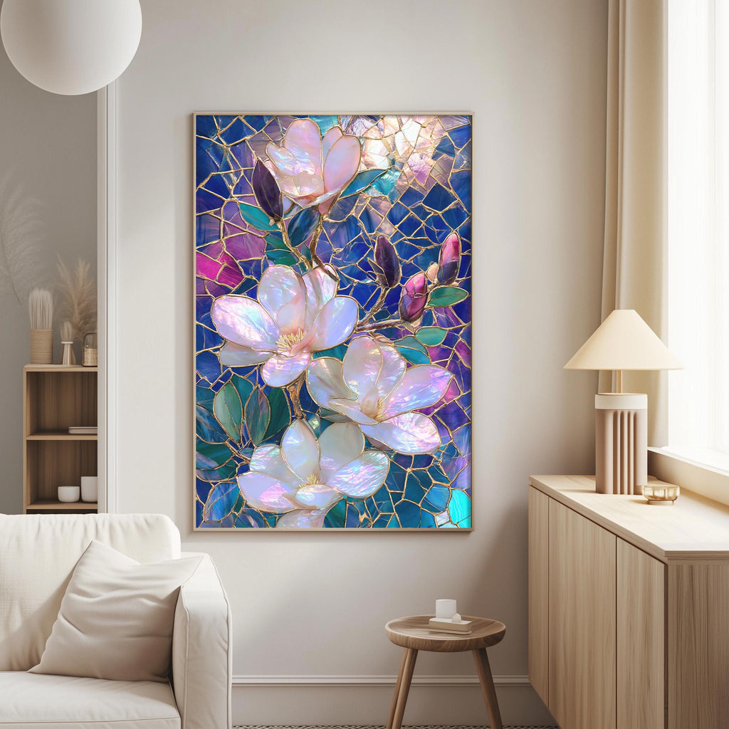 a large, colorful painting of flowers hanging on a wall in a living room.