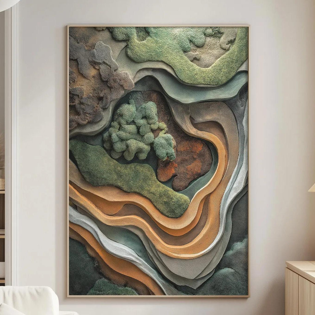 a large abstract painting hanging on a wall in a living room. The painting is a collage of various shapes and colors, creating a visually striking and dynamic composition. The room has a minimalist and modern design, with a white sofa, a wooden side table, and a lamp providing a cozy and inviting atmosphere.
