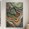 a large abstract painting hanging on a wall in a living room. The painting is a collage of various shapes and colors, creating a visually striking and dynamic composition. The room has a minimalist and modern design, with a white sofa, a wooden side table, and a lamp providing a cozy and inviting atmosphere.