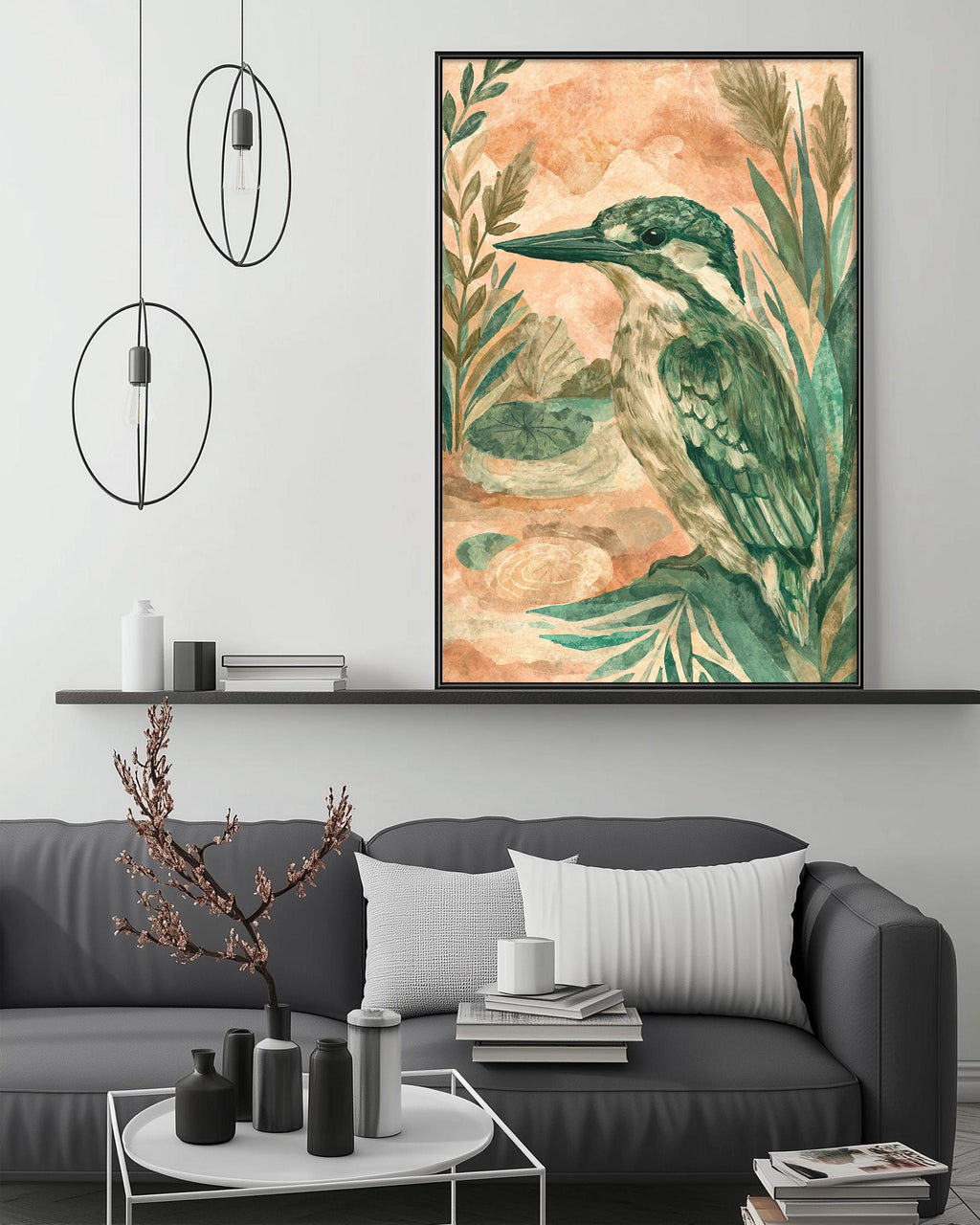 a large framed painting of a green bird, likely a parrot, hanging on a wall above a gray couch in a living room setting.
