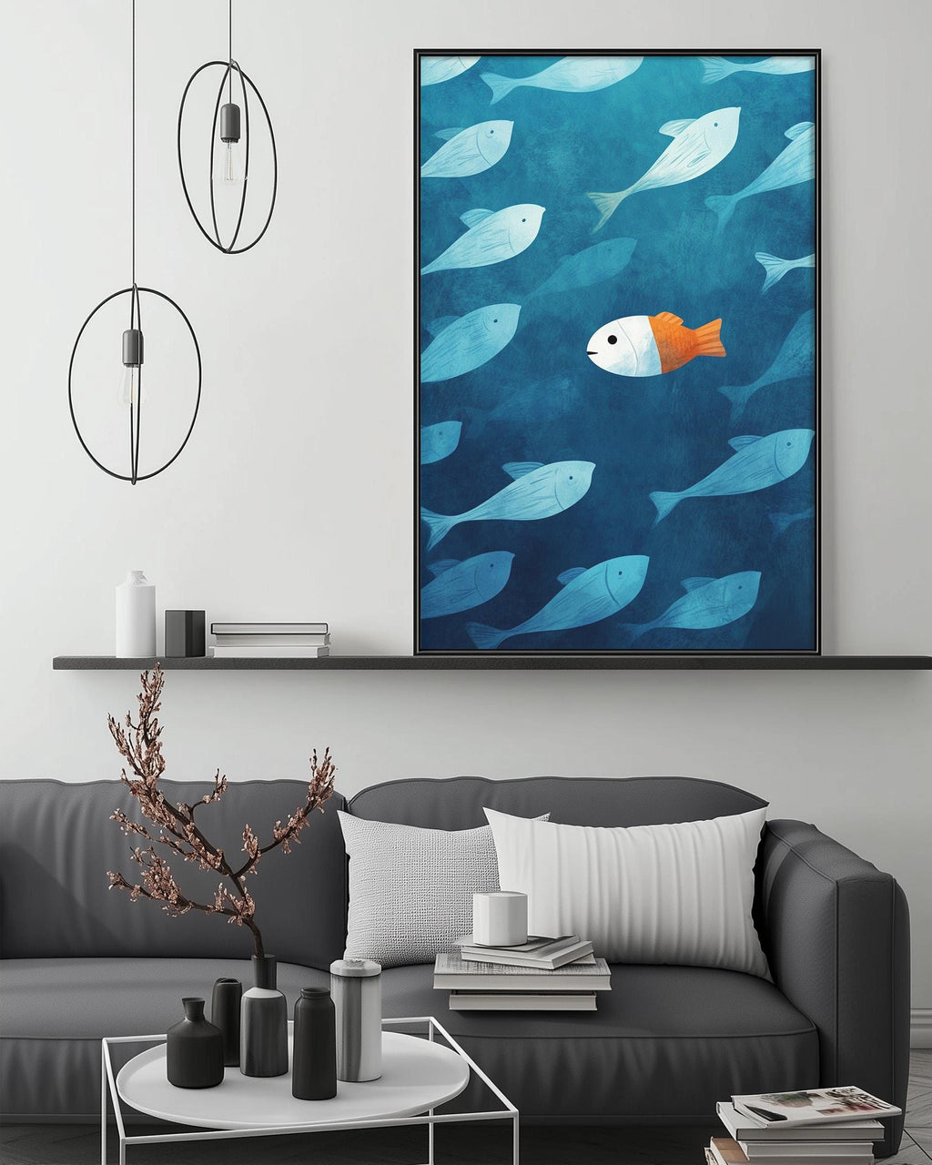 a modern living room with a gray sofa, a coffee table, and a large framed artwork depicting a fish swimming in the ocean.