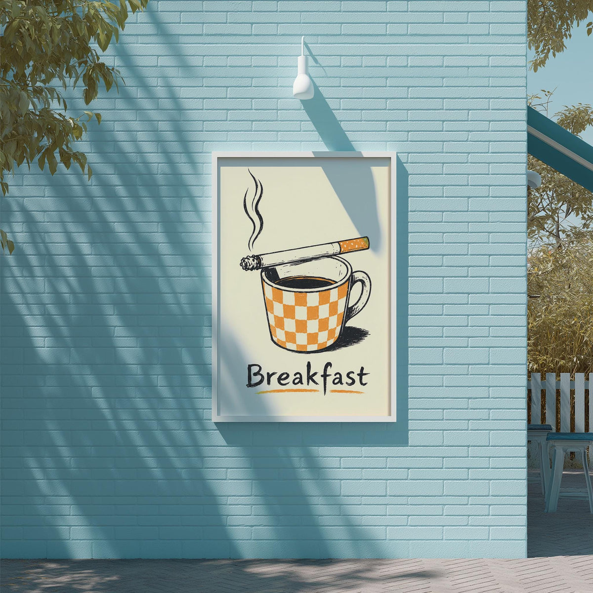 A framed poster with a cartoon illustration of a cup of coffee and a cigarette, mounted on a blue brick wall.