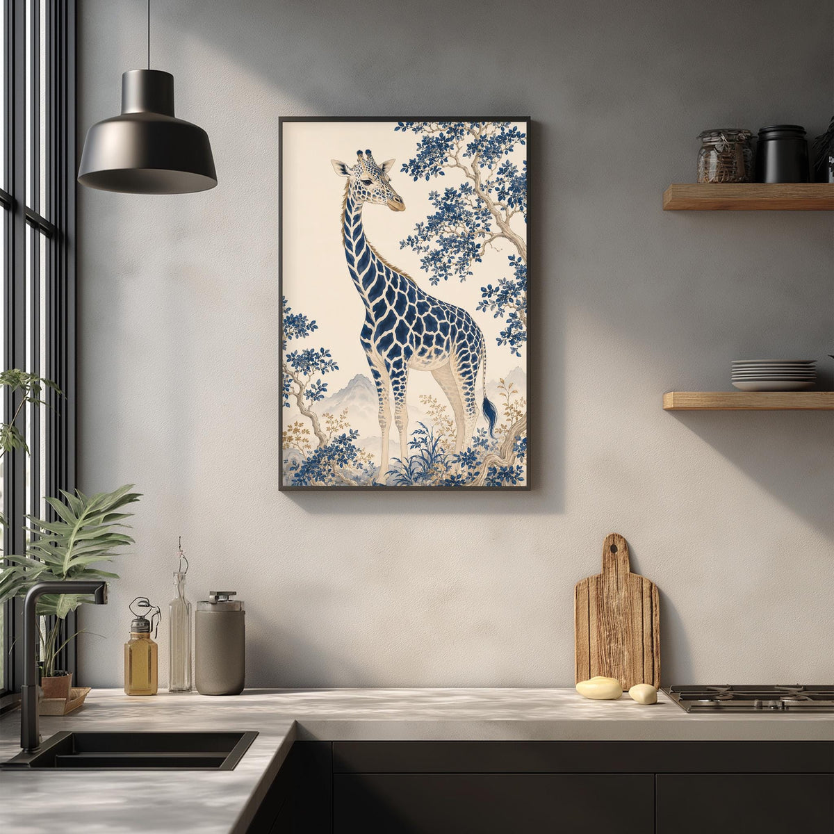 a framed painting of a giraffe on a wall, with a kitchen counter and various kitchen items in the foreground.