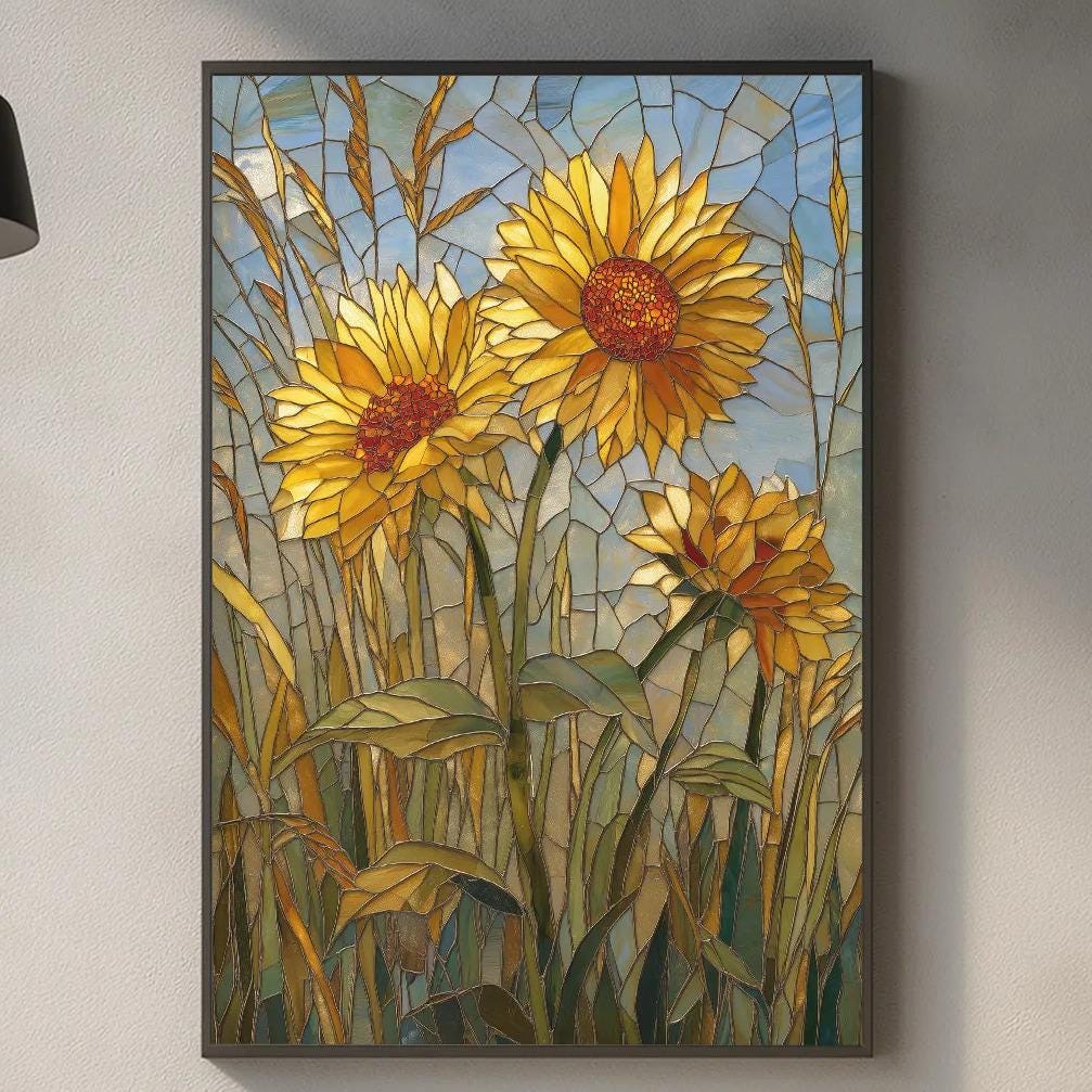 a kitchen counter with a framed painting of yellow sunflowers hanging above it. The painting is a mosaic-style artwork with a vibrant yellow color and green leaves. The kitchen counter has various items on it, including a cutting board, a bottle, and a bowl. The overall scene has a warm and inviting atmosphere, with the sunflowers adding a touch of natural beauty to the space.
