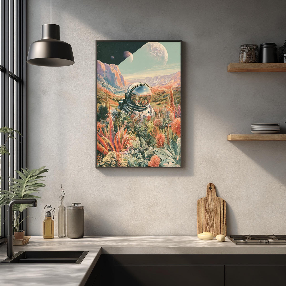 a framed artwork depicting an astronaut in a space suit, surrounded by a vibrant, colorful landscape with plants and flowers.