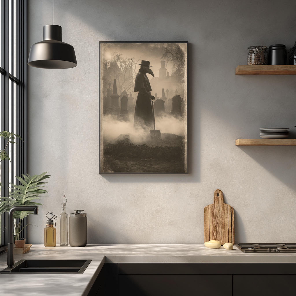 a framed vintage-style photograph of a person wearing a mask, likely representing a doctor or a Plague doctor, standing in a foggy graveyard. The photograph is mounted on a wall above a kitchen counter with various kitchen items such as a cutting board, a bottle, and a bowl.