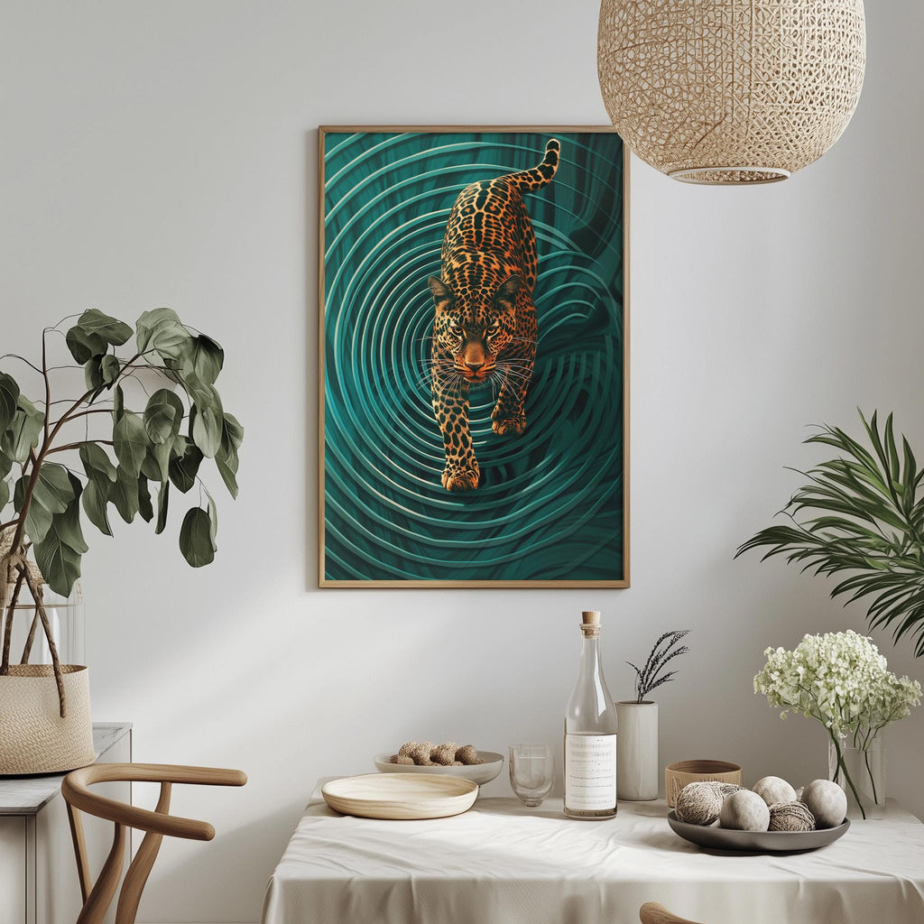 a dining table with a white tablecloth, a bowl of fruit, a bottle, and a vase with flowers. Above the table, there is a framed picture of a leopard on a green background.