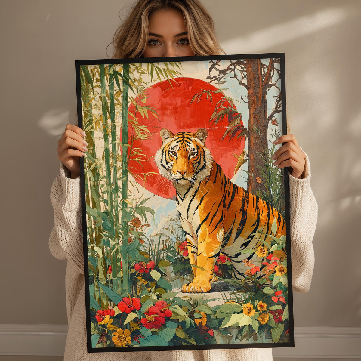 A woman holds up a framed painting of a tiger in a lush, tropical setting with a red sun in the background.