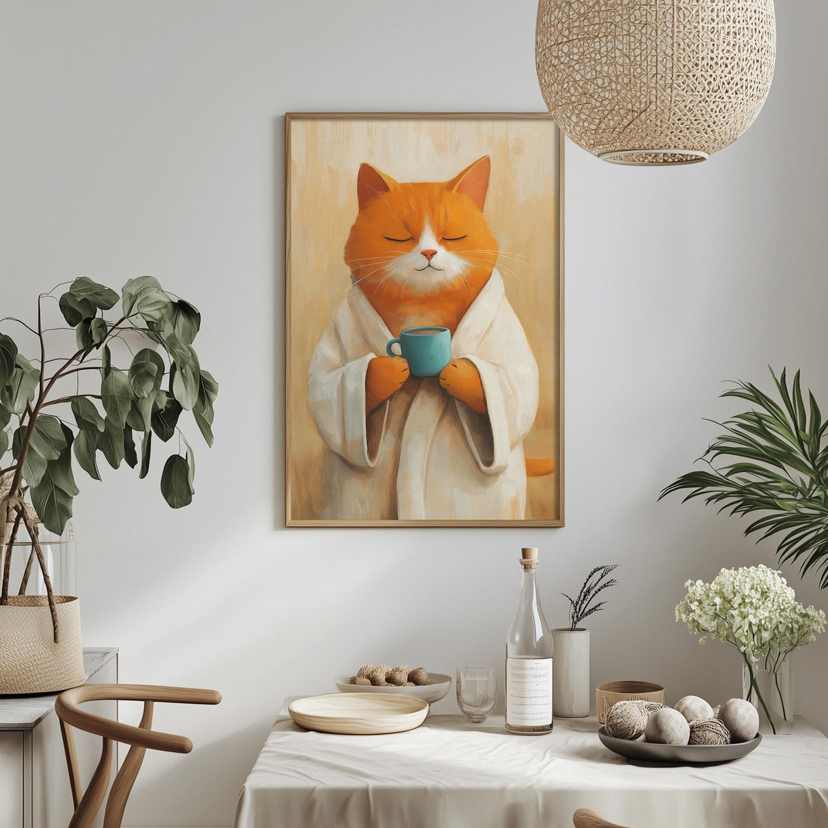 a cozy and whimsical scene of a cat dressed in a robe, holding a cup of tea, and resting its head on its paws. The cat is surrounded by various objects, including a potted plant, a vase, a bowl, and a bottle, creating a warm and inviting atmosphere.
