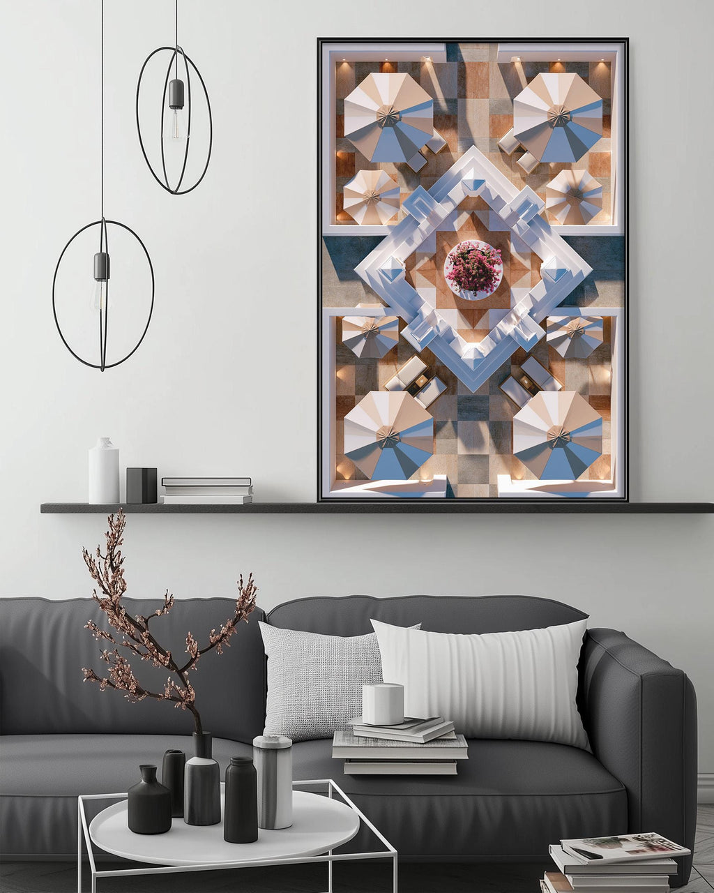 a modern living room with a gray sofa, a coffee table, and a large abstract painting hanging on the wall above the sofa.