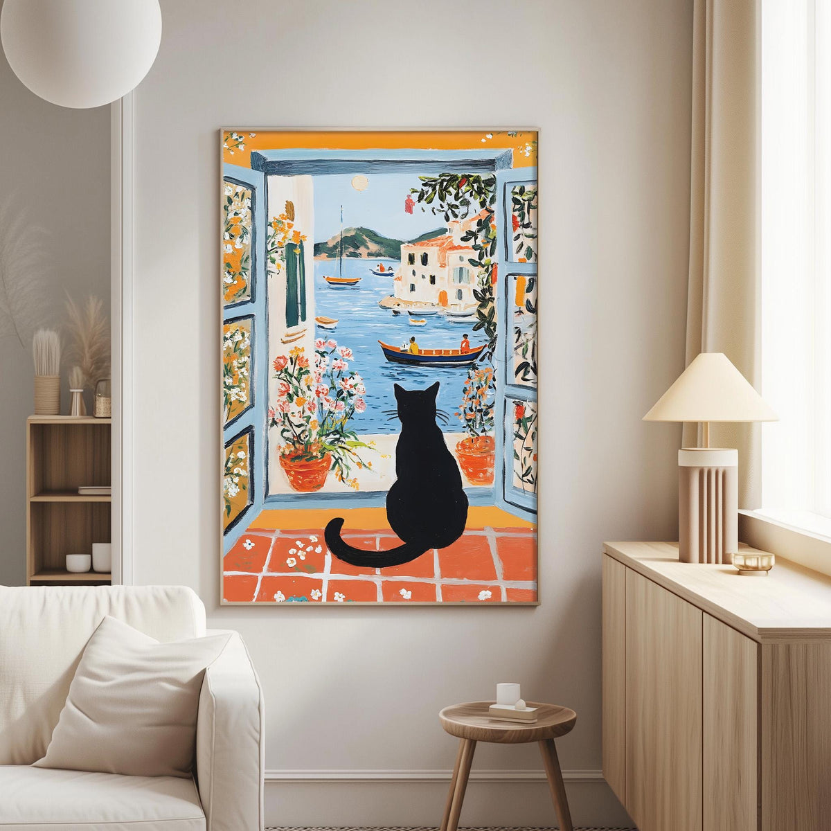a large painting of a black cat sitting on a windowsill, looking out at a scenic view of a harbor with boats and flowers.