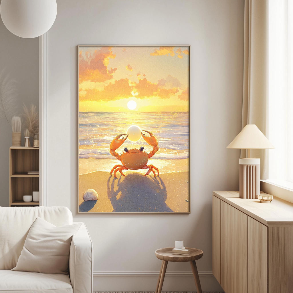 a large painting of a crab sitting on a beach at sunset, with the sun setting over the ocean.