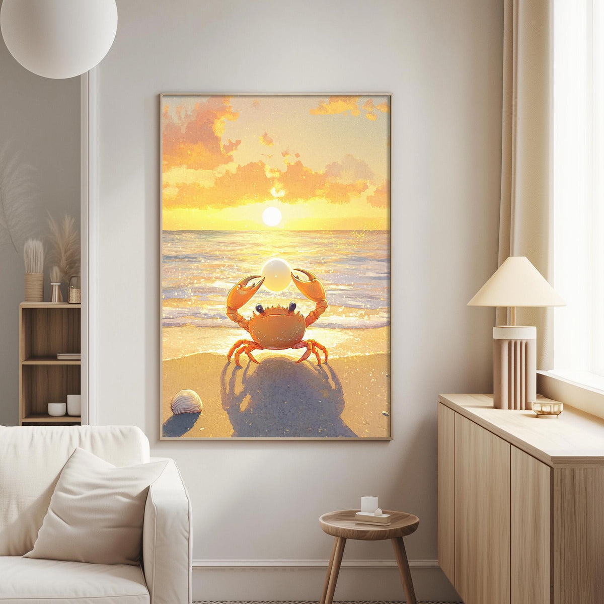 a large painting of a crab sitting on a beach at sunset, with the sun setting over the ocean.