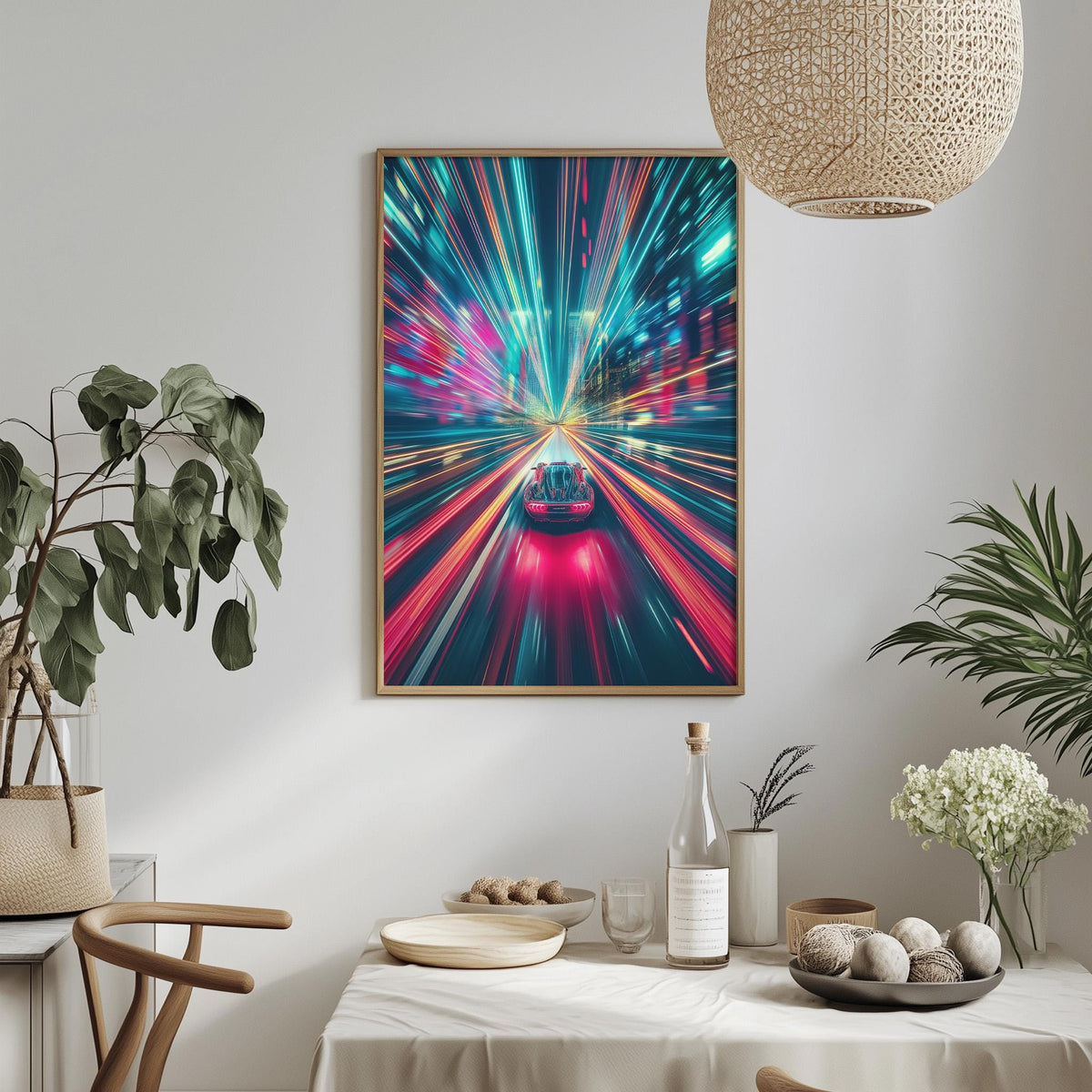 a vibrant, colorful abstract painting hanging on a wall above a dining table with various decorative items and plants.