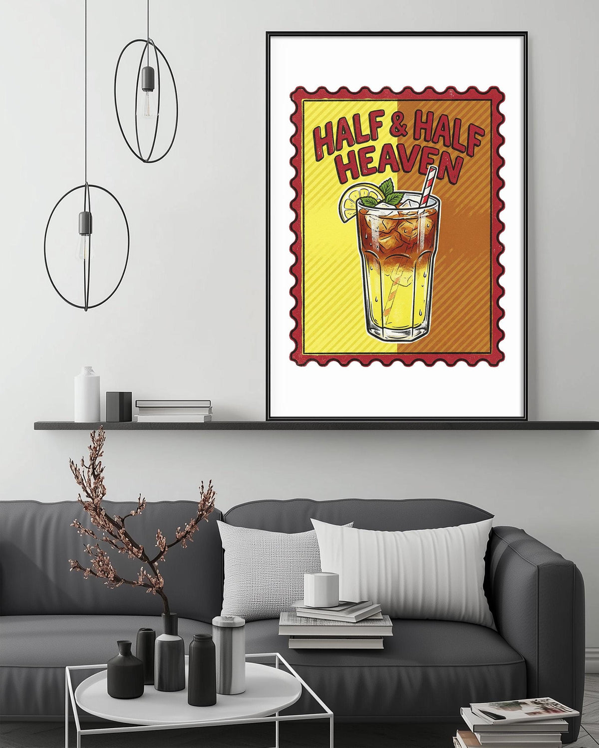 a framed poster with the text "Half & Half Heaven" and an illustration of a glass of iced tea with a lemon slice.