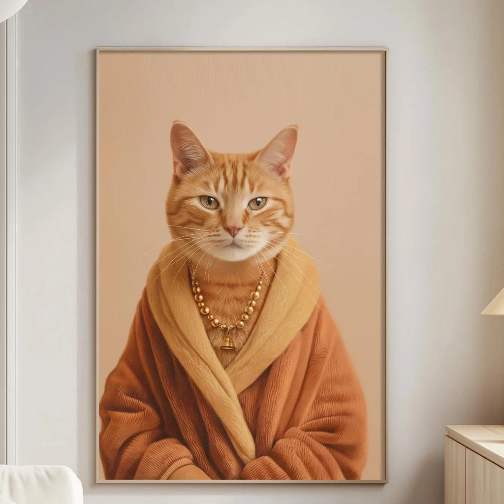 a large framed picture of a cat wearing a robe, displayed on a wall in a living room setting.