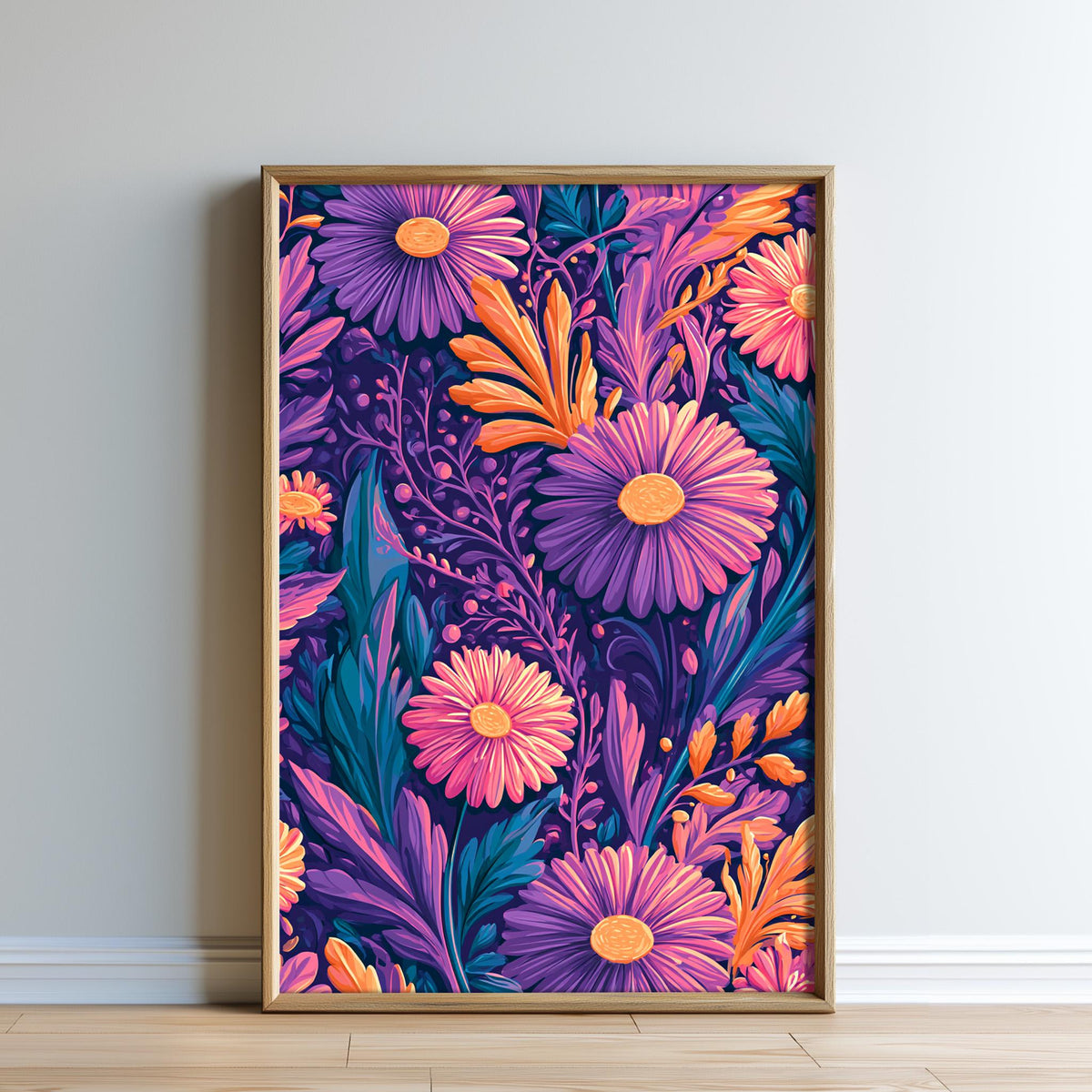 a vibrant and colorful floral design with a variety of flowers and leaves in shades of purple, orange, and pink.