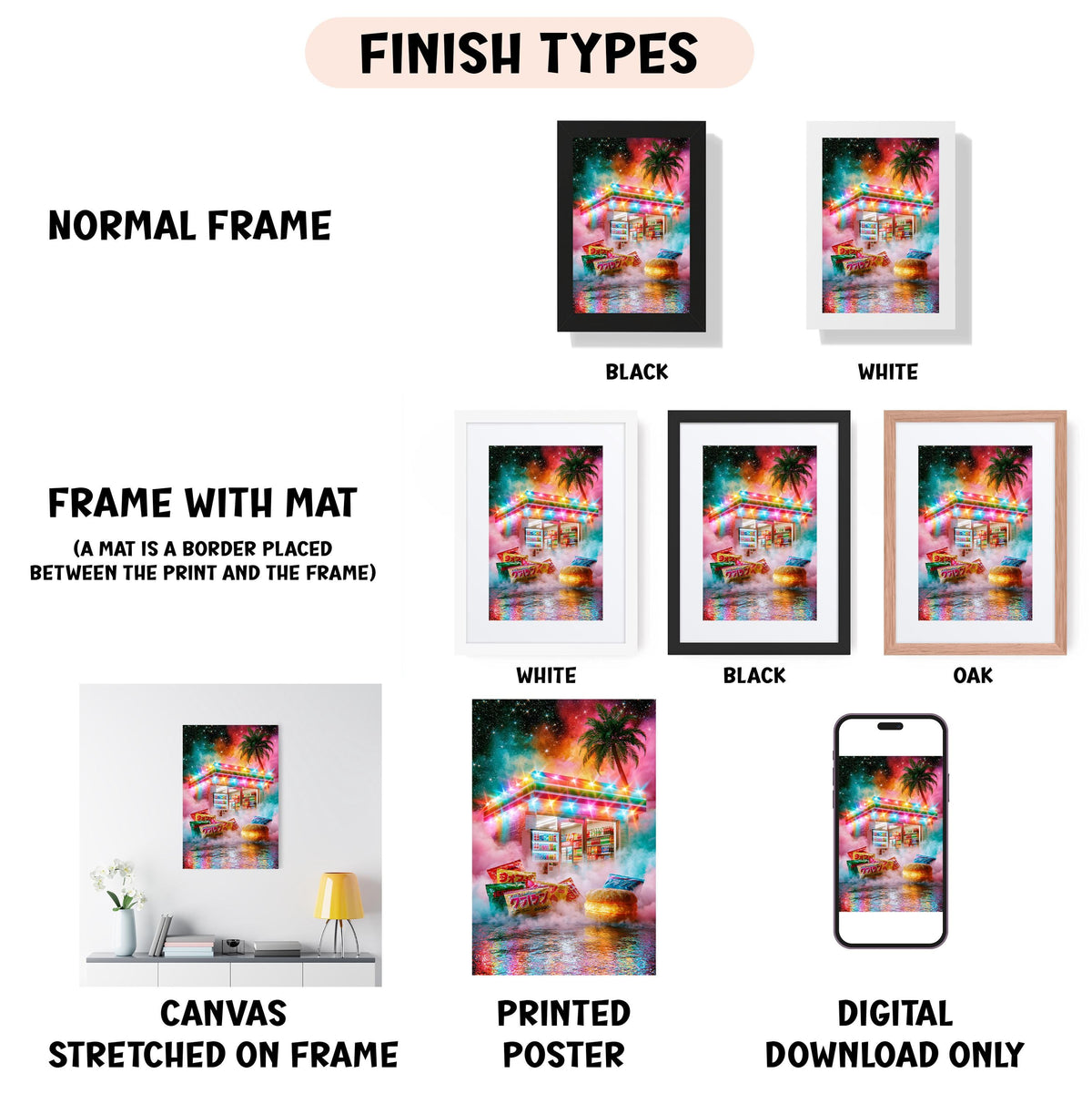 various types of artwork, including a normal frame, a frame with a mat, a white frame, a black frame, an oak frame, a white canvas stretched on a frame, a printed poster, and a digital download only.