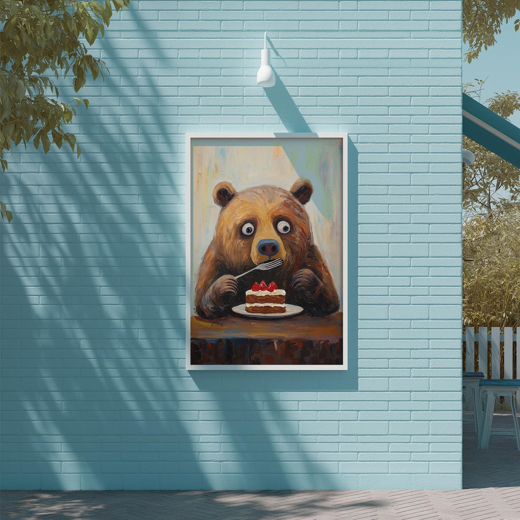 A framed painting of a bear holding a piece of cake, with a light blue brick wall and a tree in the background.