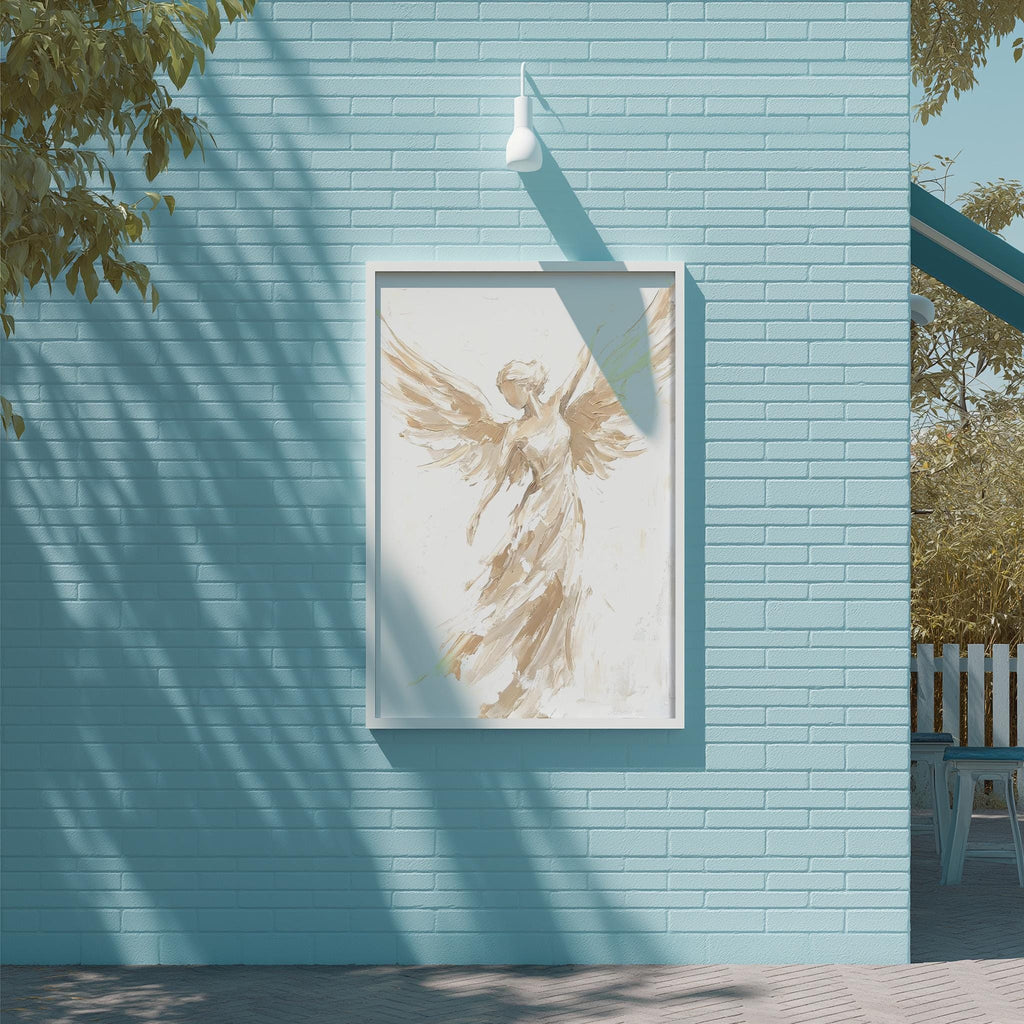 a blue brick wall with a framed painting of an angel with outstretched wings hanging on it.