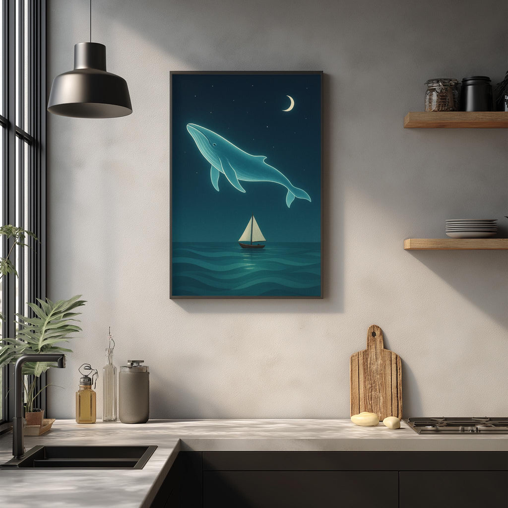a serene scene of a whale gracefully floating in the ocean, with a sailboat gently sailing on the water. The whale is depicted in a glowing blue hue, creating a sense of tranquility and harmony with nature. The image is framed and hung on a wall, adding a touch of elegance and sophistication to the space.