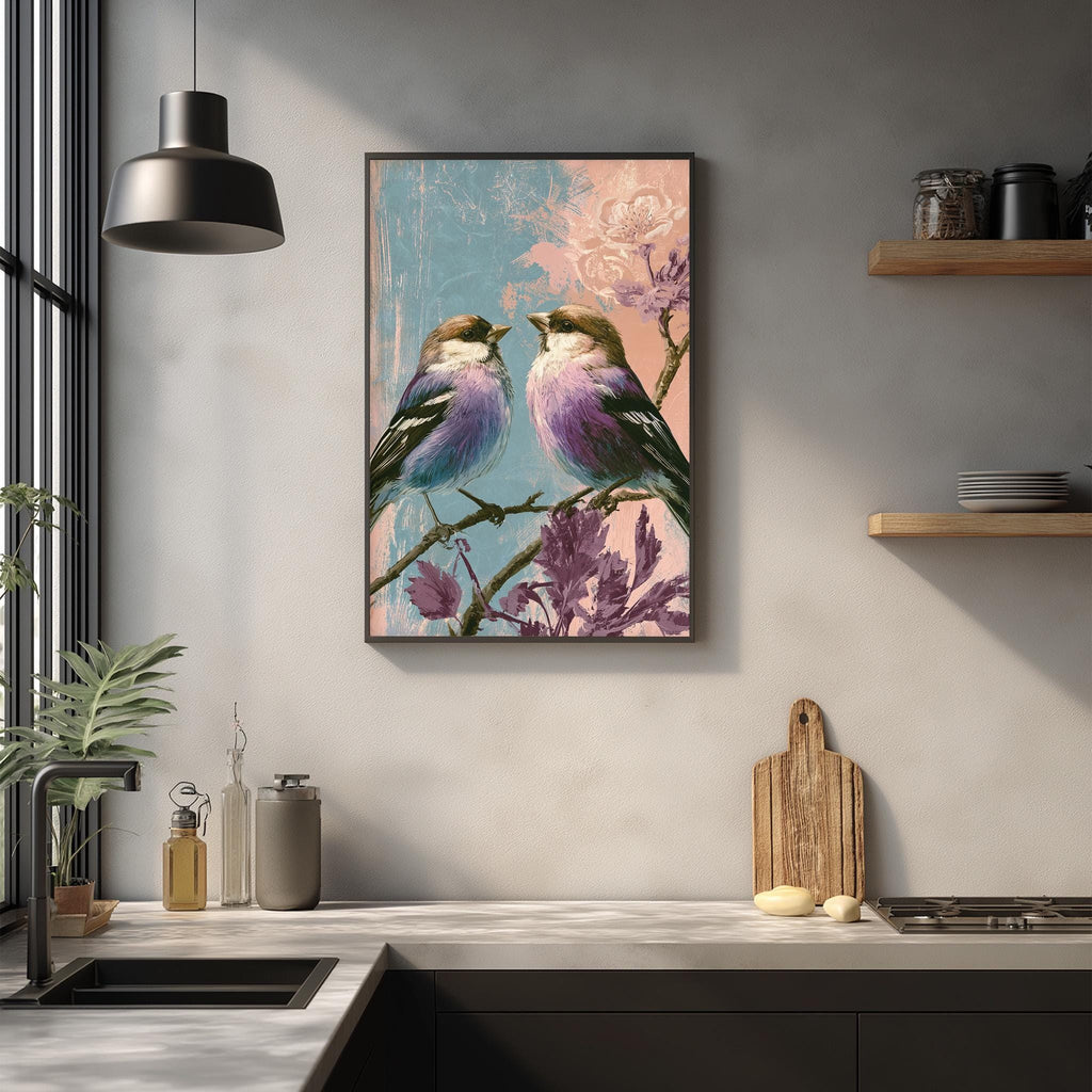 a framed painting of two birds perched on a branch, with a pink and blue floral background. The painting is hung on a wall above a kitchen counter, which has various kitchen items such as a cutting board, a bottle, and a vase.