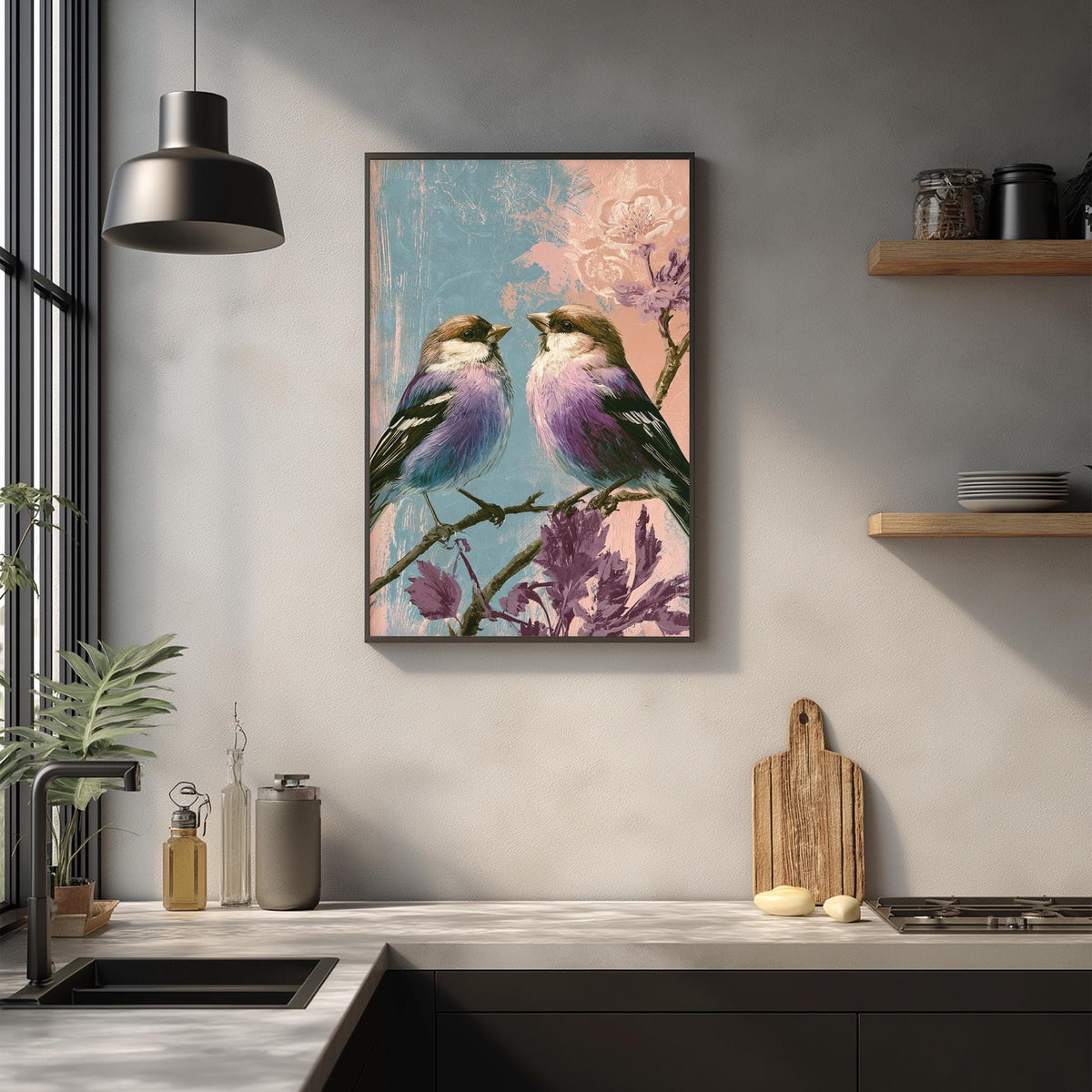 a framed painting of two birds perched on a branch, with a pink and blue floral background. The painting is hung on a wall above a kitchen counter, which has various kitchen items such as a cutting board, a bottle, and a vase.