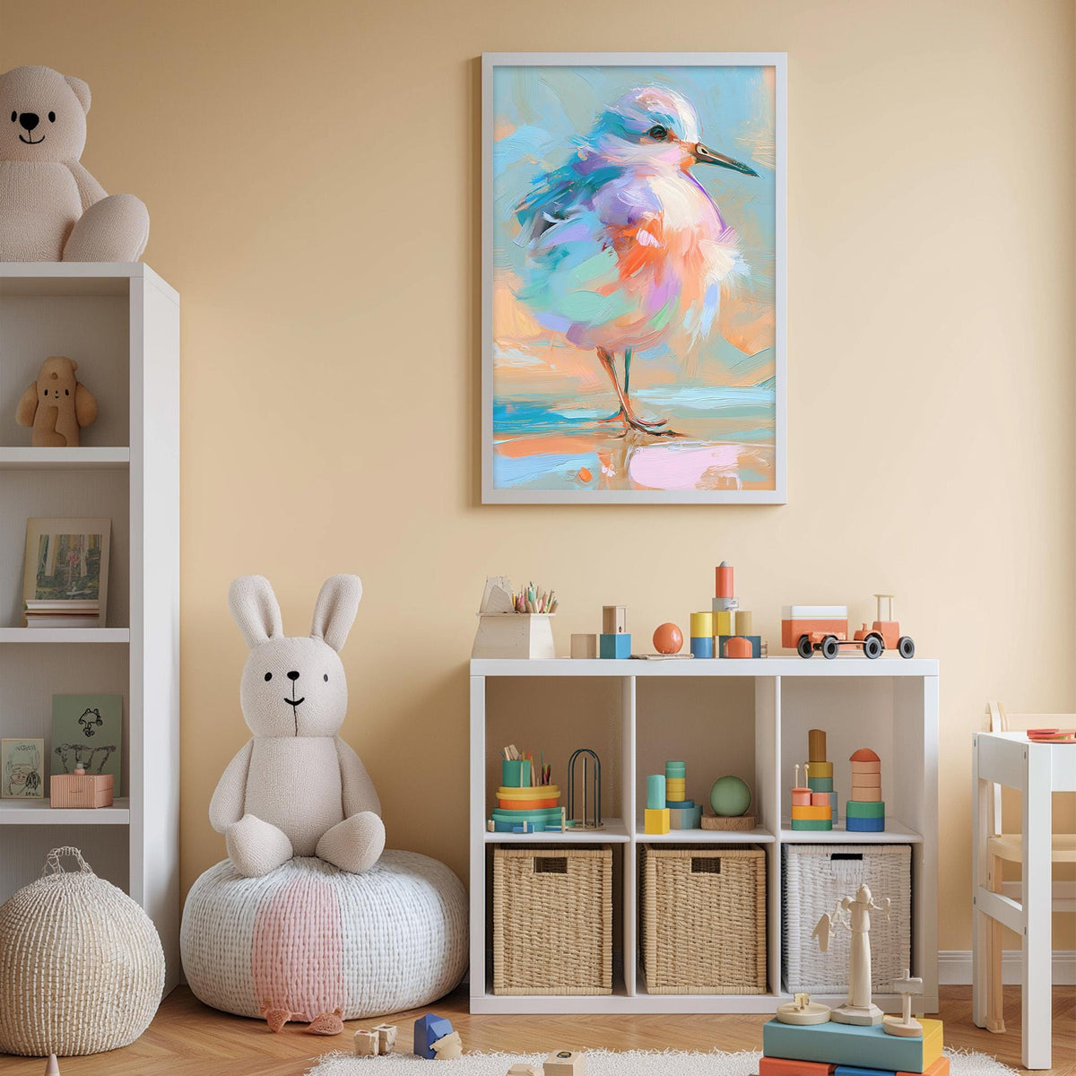 A child's bedroom with a large bird painting on the wall, a stuffed rabbit, a toy train, and a toy castle. The room has a beige color scheme and appears to be well-organized with storage bins and toys.