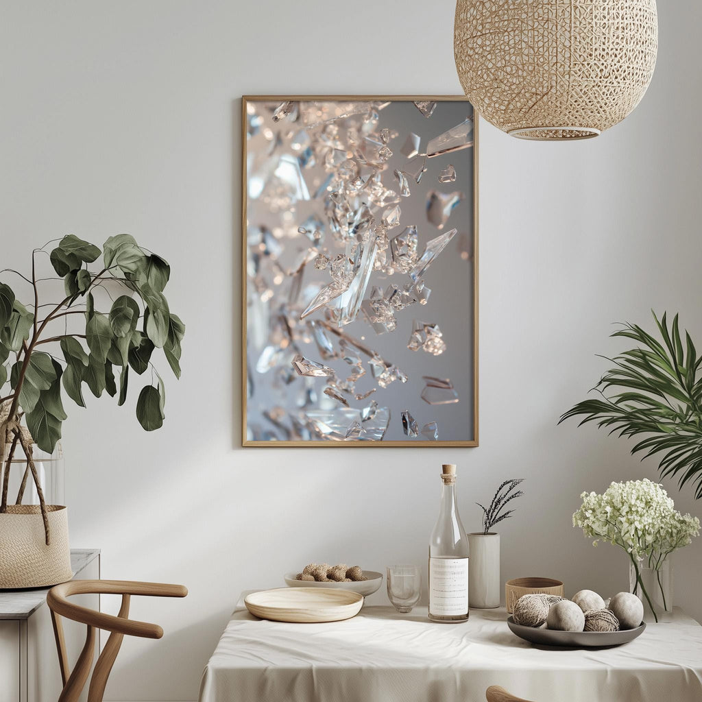 a dining table set with a white tablecloth, a bowl of fruit, a bottle, and a vase with flowers. A framed picture of a crystal or glass piece hangs on the wall above the table.