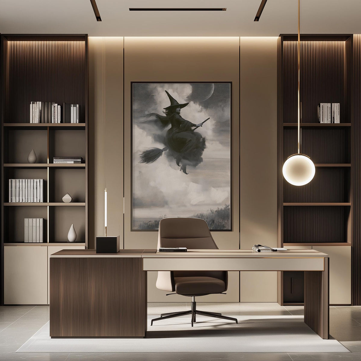 a modern office space with a large framed artwork of a witch on a broomstick hanging on the wall. The office features a wooden desk, a comfortable-looking chair, and a bookshelf filled with books. The overall design and decor create a sophisticated and stylish atmosphere.
