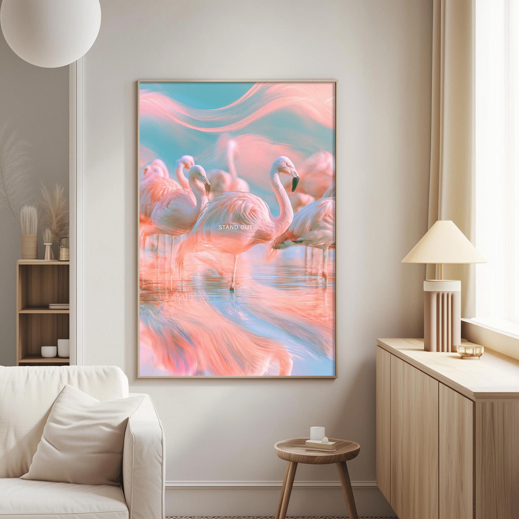 a large, vibrant painting of flamingos in a pink and blue water scene, hanging on a wall in a living room.